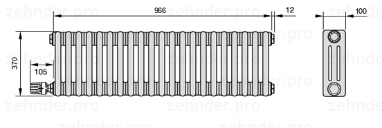 Схема (чертеж) Радиатор Zehnder Charleston 3037/21 №V003 Белый глянцевый RAL 9016